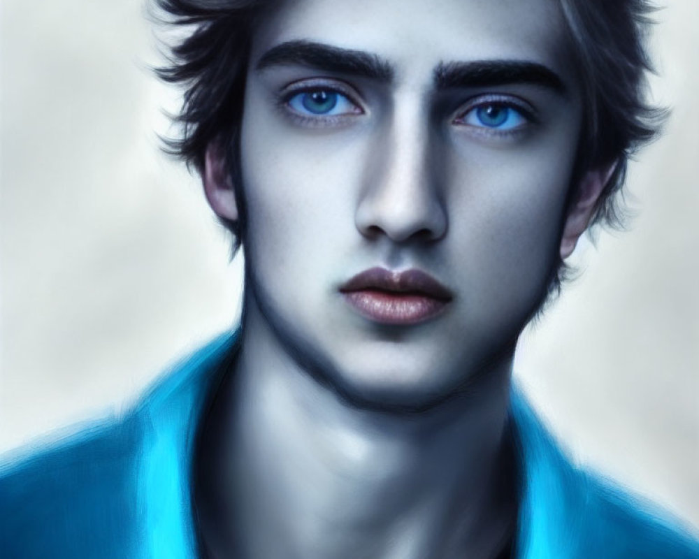 Young male digital portrait with blue eyes and brown hair in blue shirt against blurry background