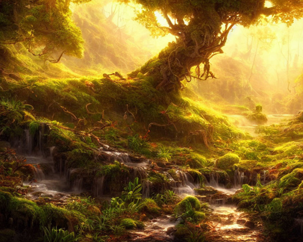 Tranquil forest landscape with sunlight, mist, waterfalls, moss, and ancient trees