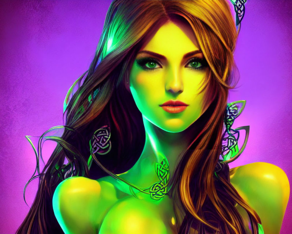 Digital artwork of woman with green markings, green eyes, and roses on purple background