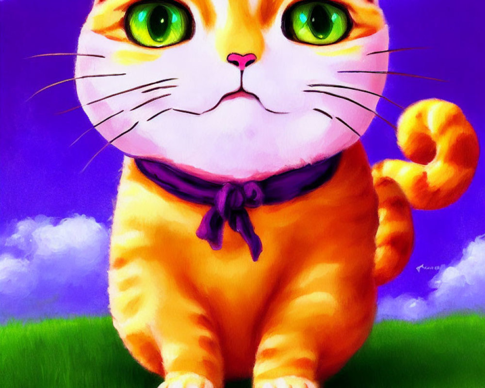 Illustrated Orange Tabby Cat with Green Eyes and Purple Bandana on Purple and Blue Background