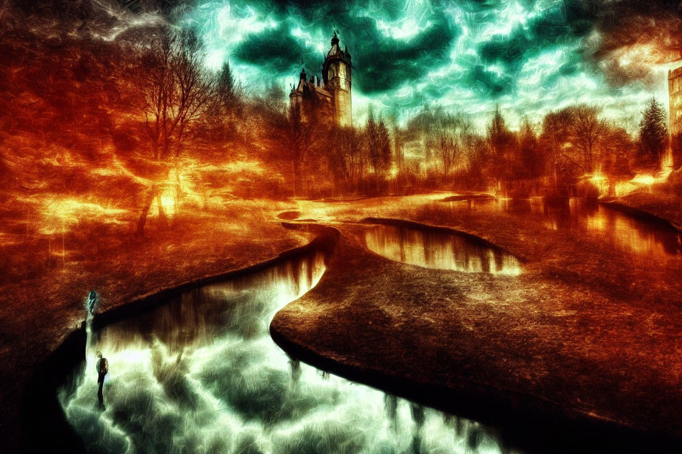 Surreal fiery landscape with river, lone figure, and castle under dramatic sky