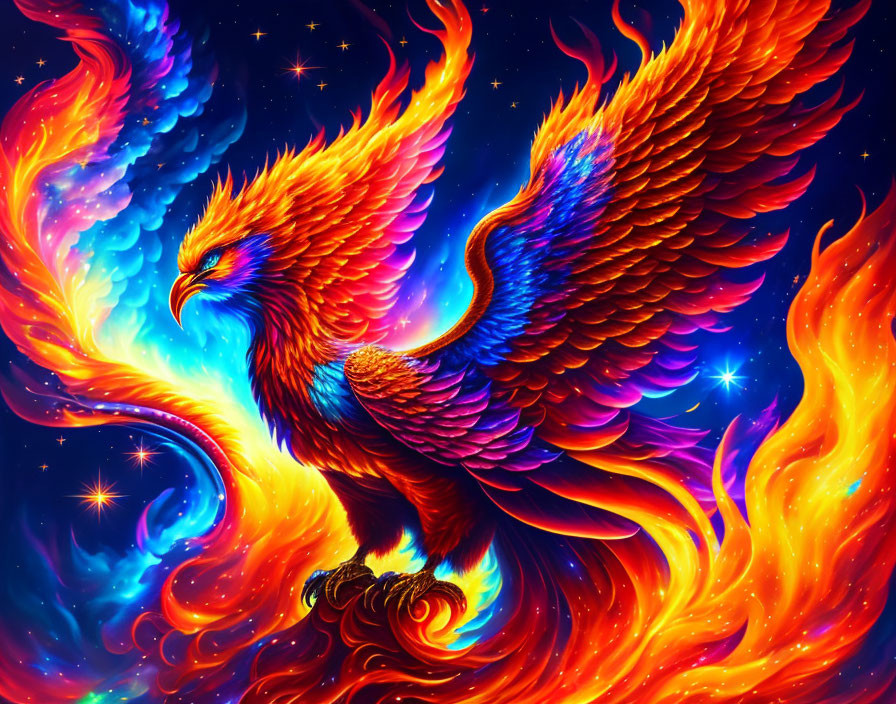 Colorful Phoenix Illustration with Fiery Wings on Starry Background