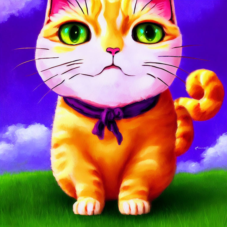 Illustrated Orange Tabby Cat with Green Eyes and Purple Bandana on Purple and Blue Background