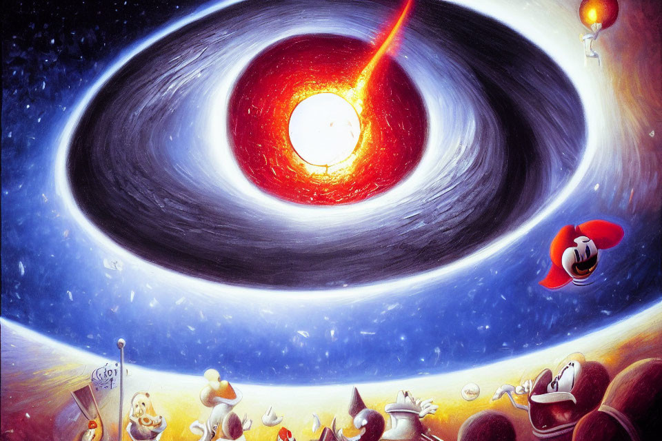 Colorful space illustration with black hole, planets, and cartoon characters.