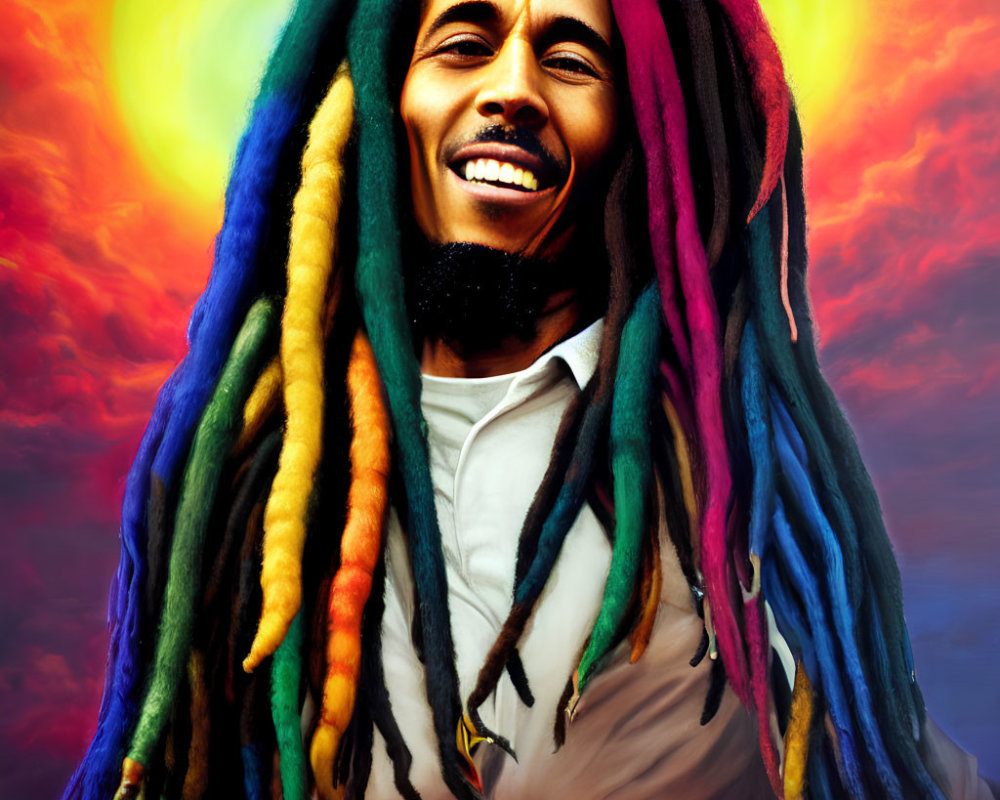 Colorful dreadlocked man smiling against sunset background with glowing halo.