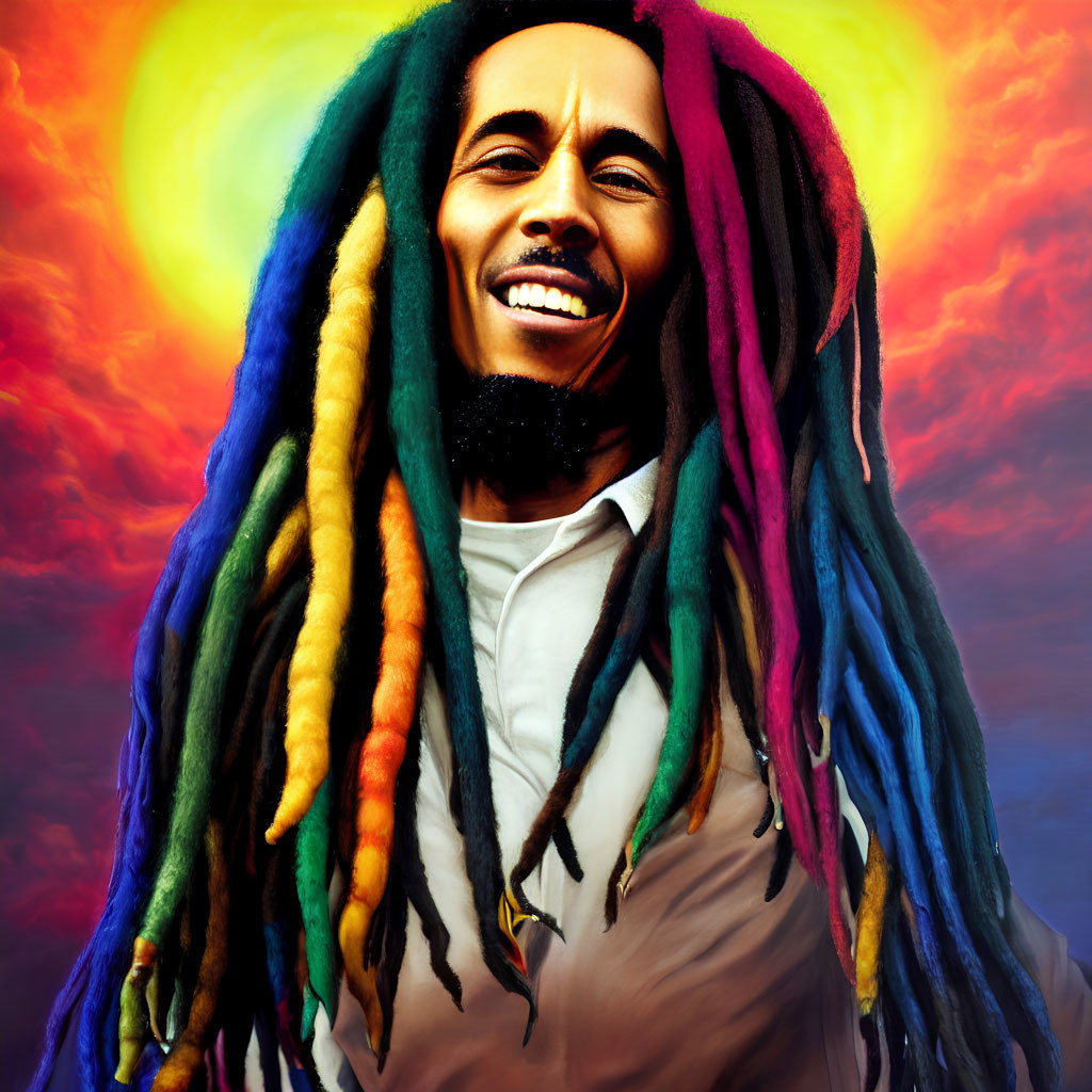 Colorful dreadlocked man smiling against sunset background with glowing halo.