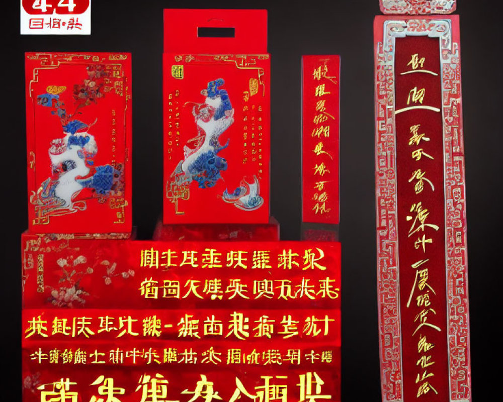 Traditional Chinese Red Envelopes and Gold Banners for Celebrations