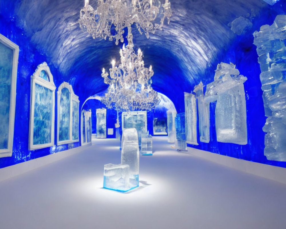 Elegant Ice Blue Chamber with Sculptures and Chandeliers