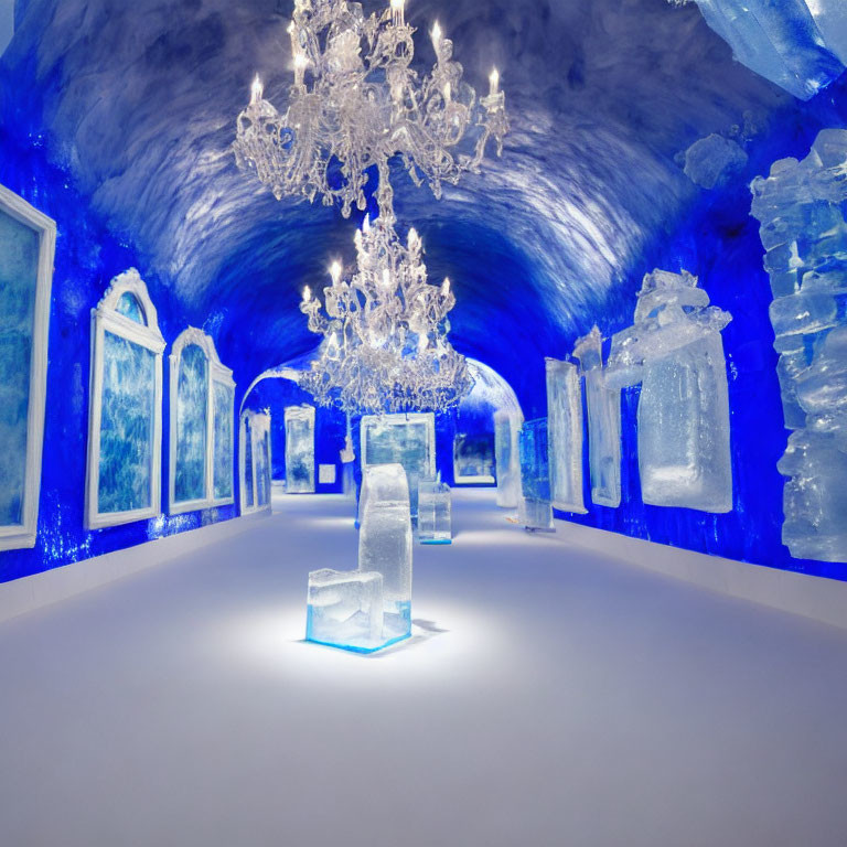 Elegant Ice Blue Chamber with Sculptures and Chandeliers