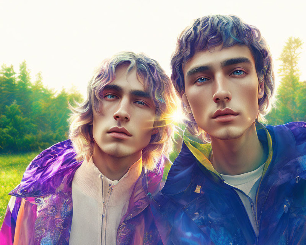 Stylized young men with wavy hair in colorful shiny jackets