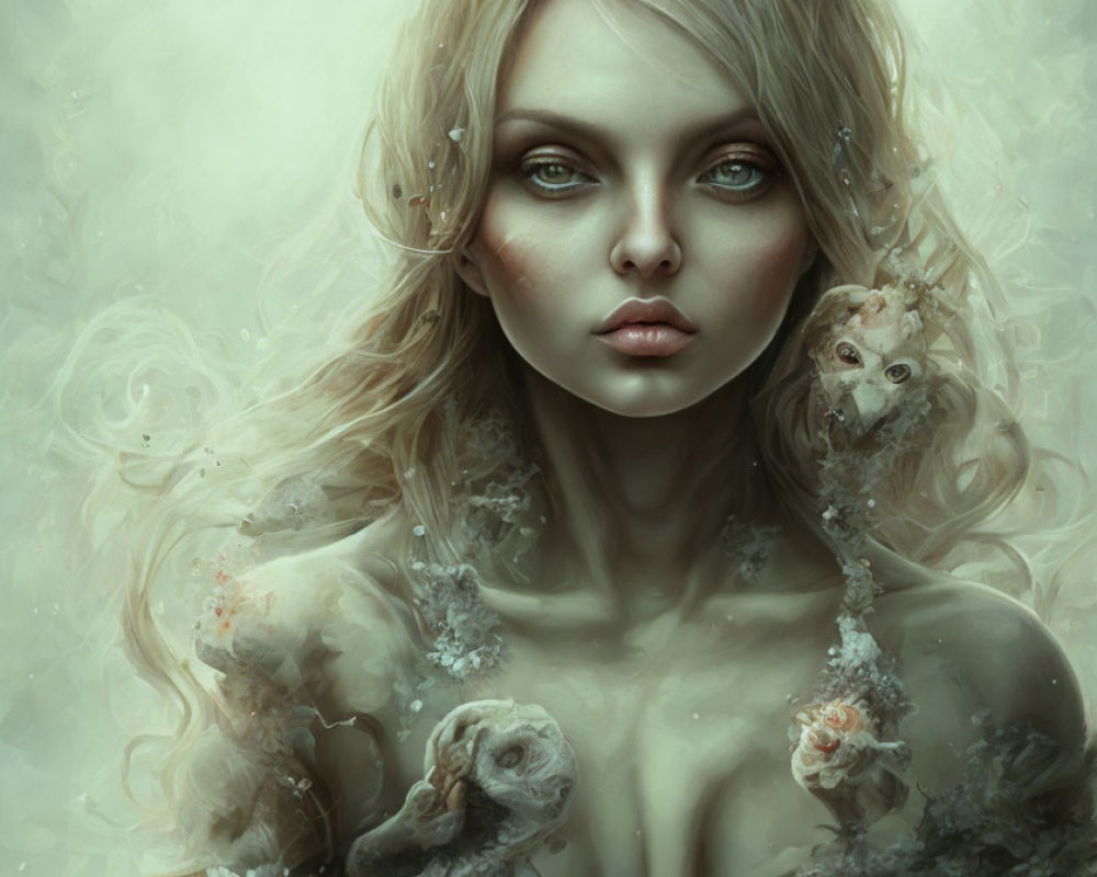 Surreal digital artwork: ethereal woman with floral adornments