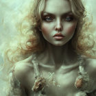 Surreal digital artwork: ethereal woman with floral adornments