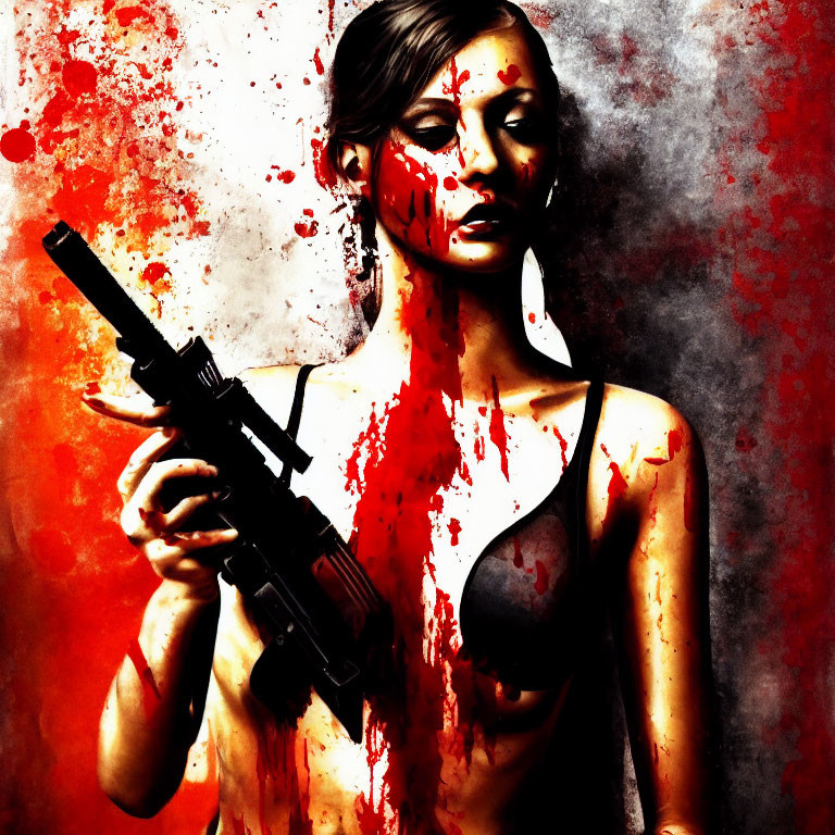 Stylized image of woman with dramatic makeup holding rifle on red and black background