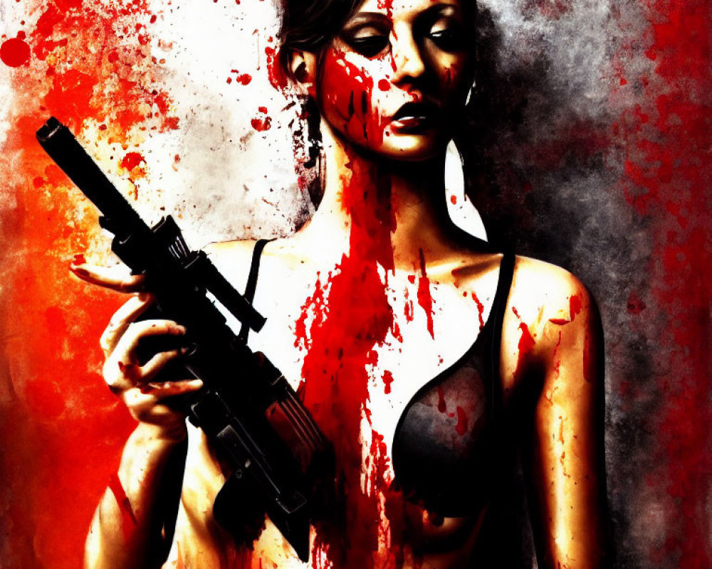 Stylized image of woman with dramatic makeup holding rifle on red and black background