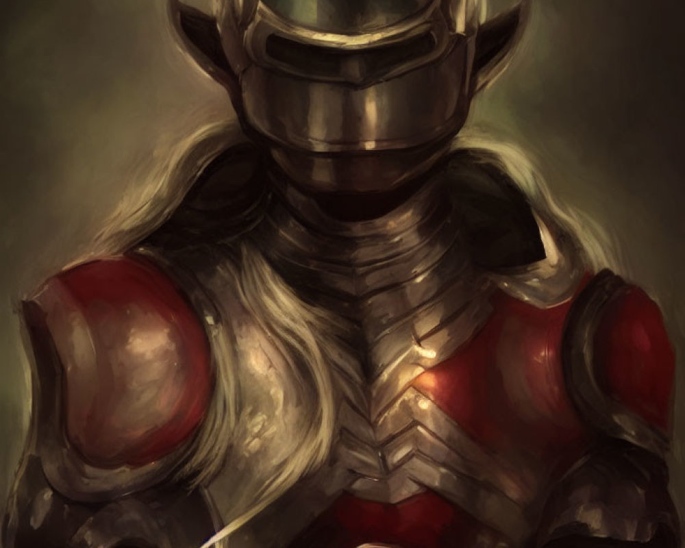 Knight in Worn Armor with Red Pauldrons on Dark Background