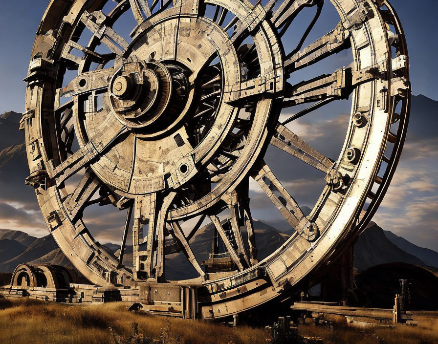 Circular Metal Sculpture Against Mountain Sunset Sky