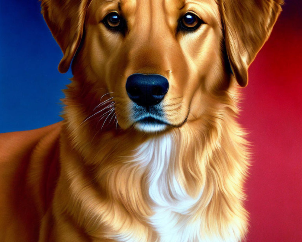 Golden Retriever Portrait with Attentive Eyes on Blue and Red Background