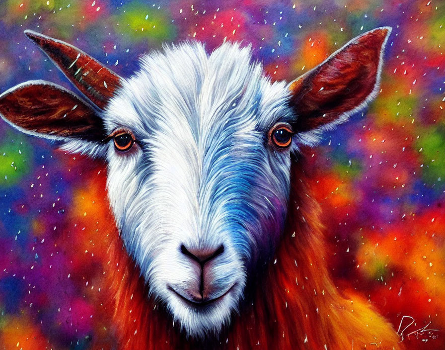 Colorful Goat Painting with Detailed Fur and Penetrating Eyes