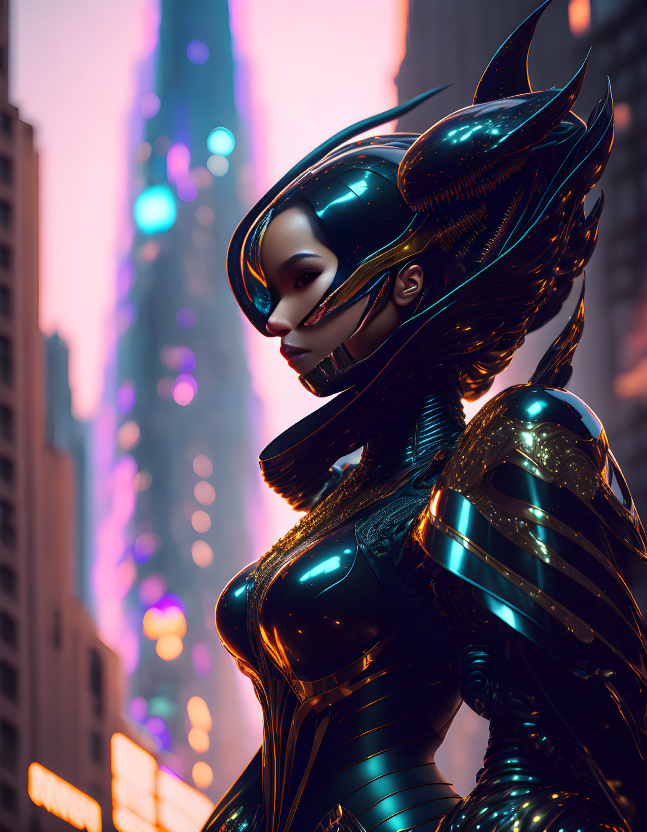 Futuristic female figure in black armor against neon-lit cityscape