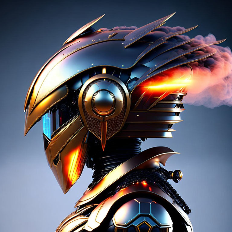 Futuristic metallic warrior helmet with red accents on blue background