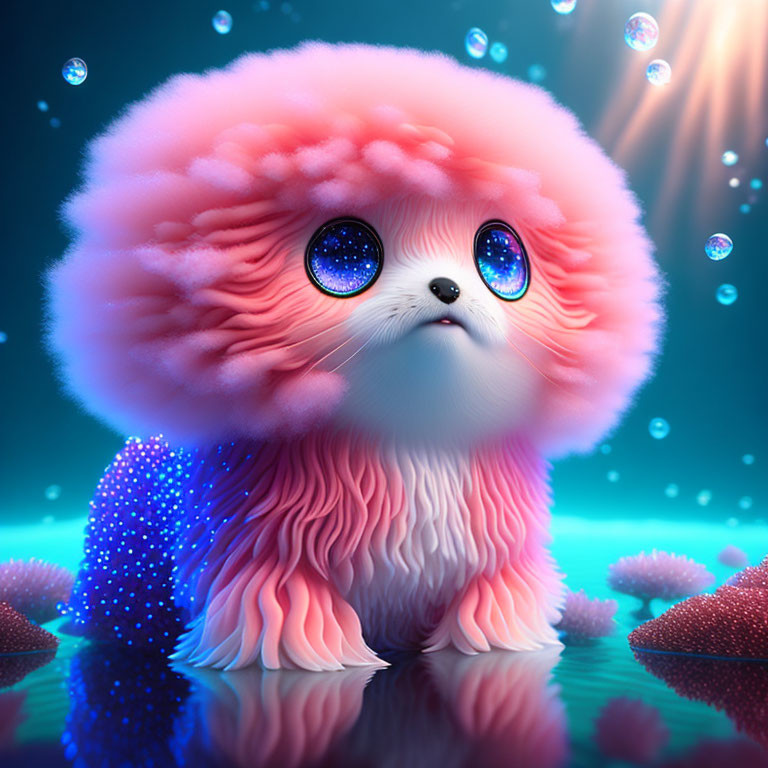 Fluffy kitten-like creature with coral mane and blue eyes in magical underwater setting