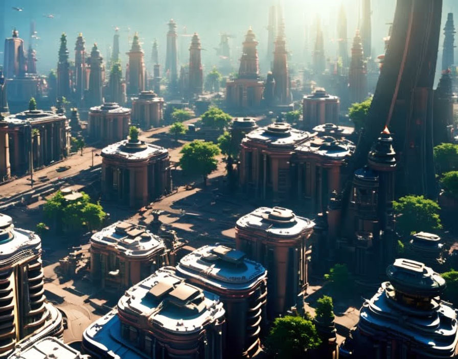 Futuristic cityscape with towering skyscrapers and advanced architecture