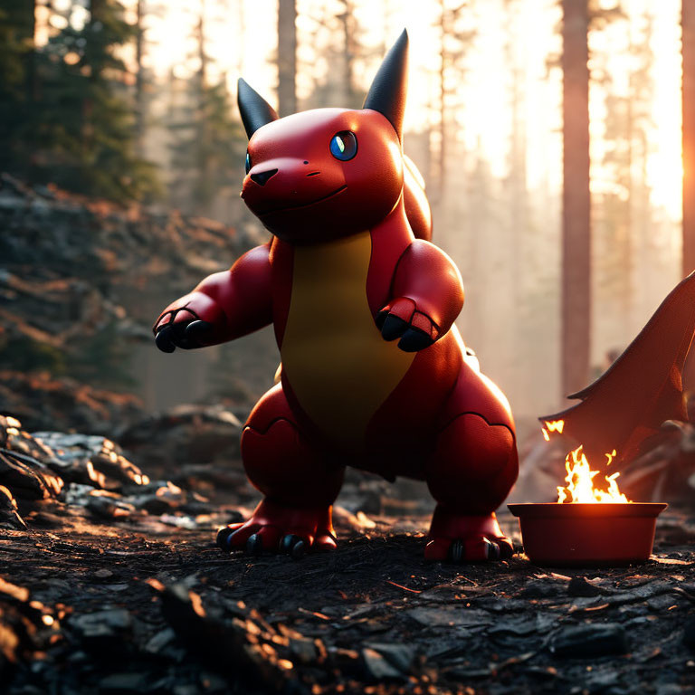 CGI Charmander Pokémon in forest at sunset with fire