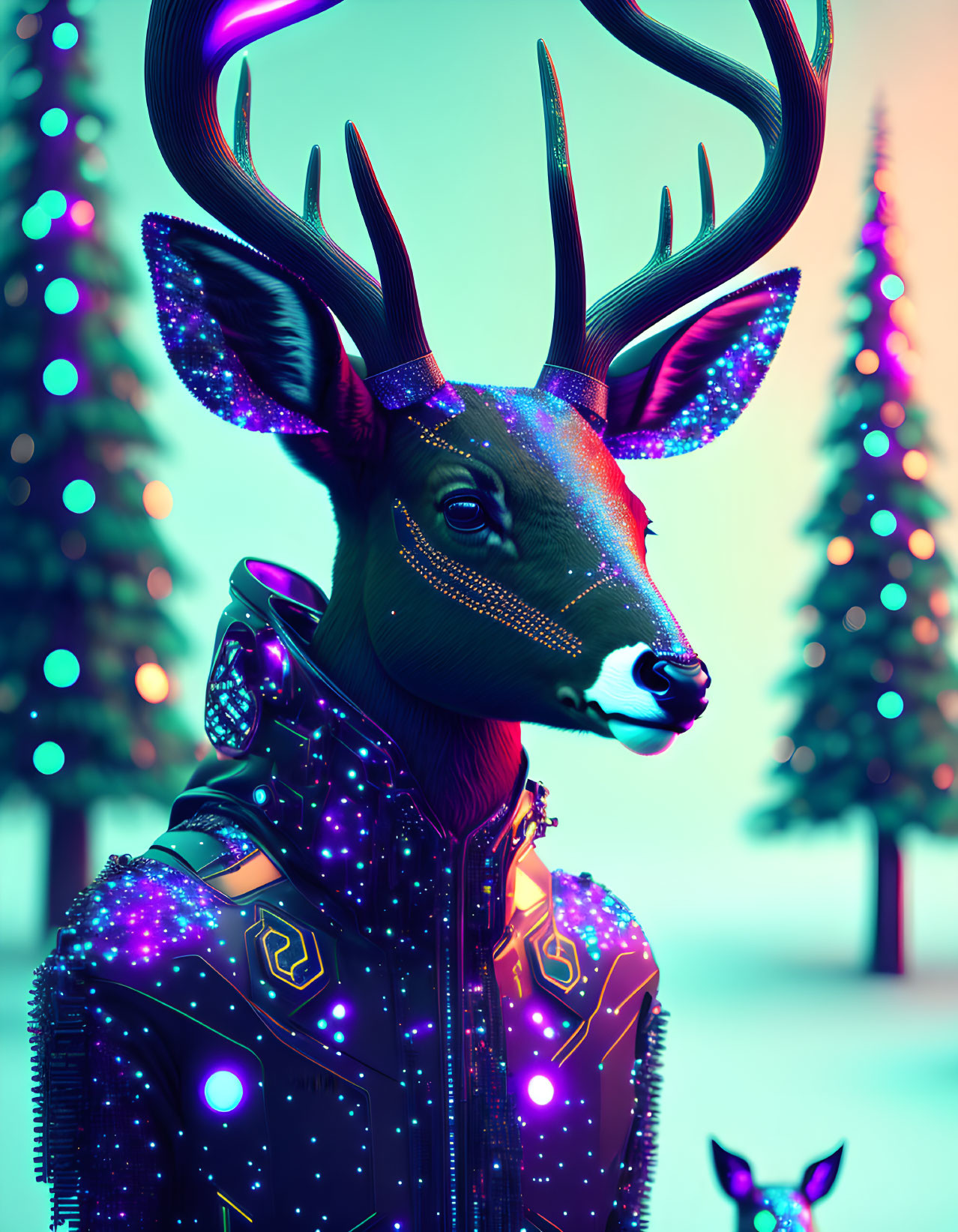 Digital artwork: humanoid deer in futuristic jacket, snowy landscape with neon-lit trees