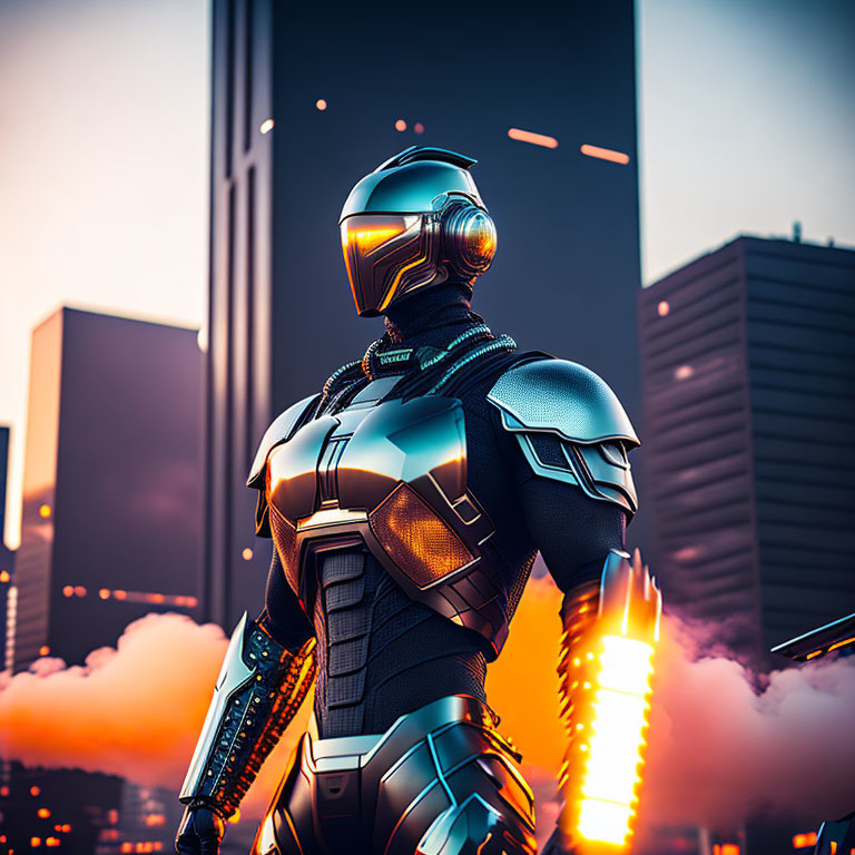 Armored character in futuristic setting with neon accents and urban skyline at dusk