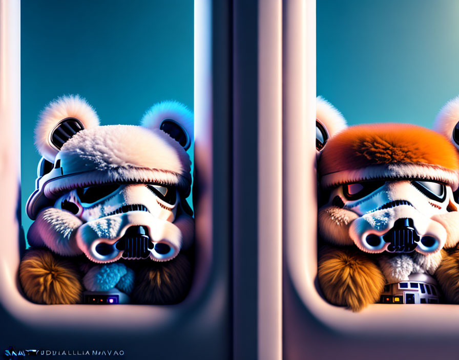 Two helmeted panda-like characters in blue and orange peeking through hatch