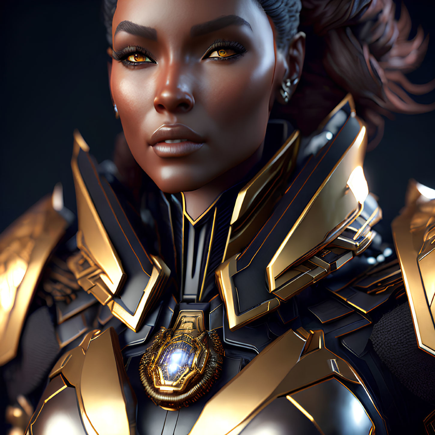 3D Rendered Image: Woman in Futuristic Black & Gold Armor