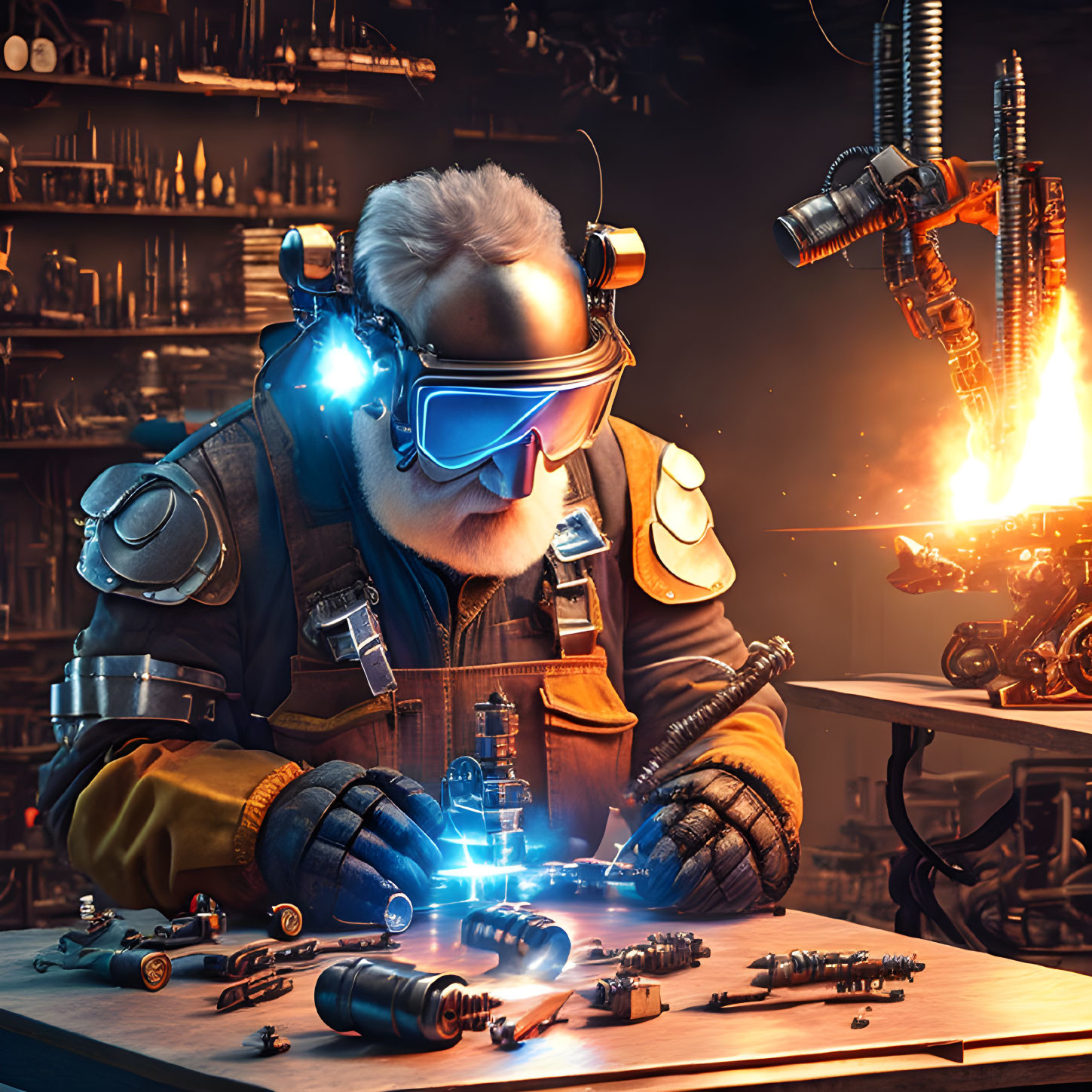 Elderly craftsman welding at futuristic workbench surrounded by industrial tech