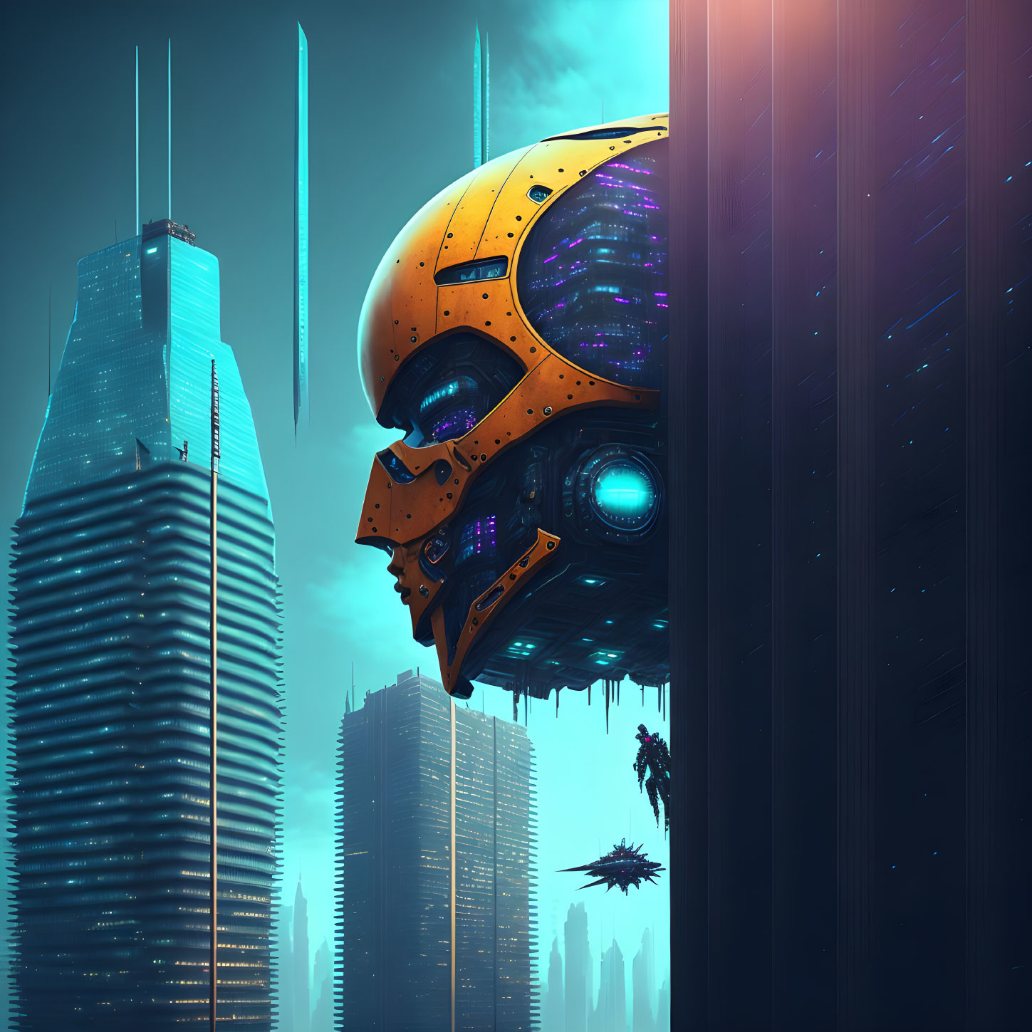 Giant futuristic robot head beside skyscrapers at twilight with flying vehicles.