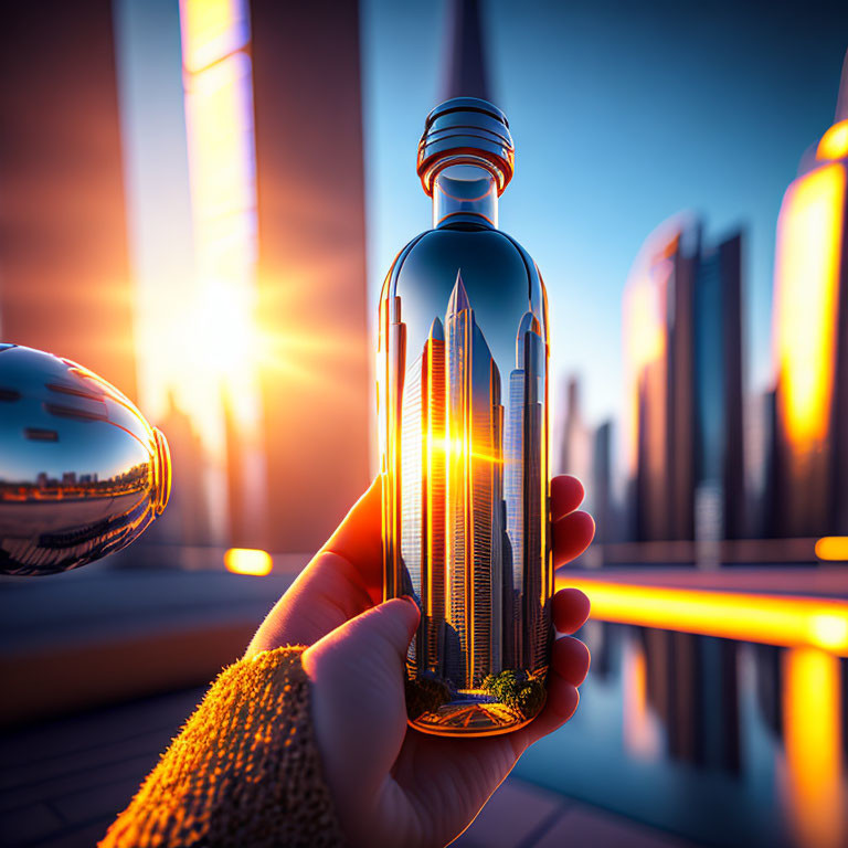 Transparent bottle with miniature cityscape held against skyscrapers at sunset