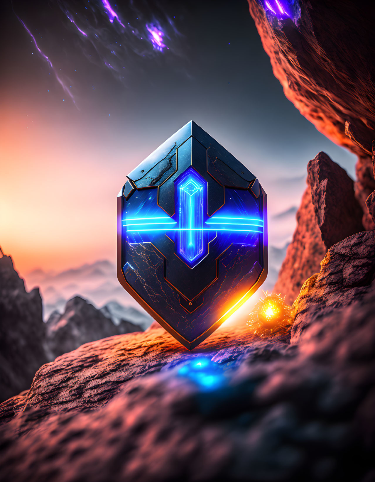 Futuristic hexagonal shield with blue neon lights under alien sunset sky