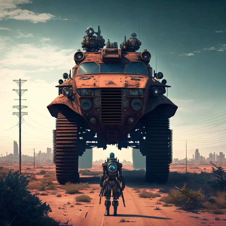 Futuristic robot on deserted road with rusted vehicle in dystopian landscape