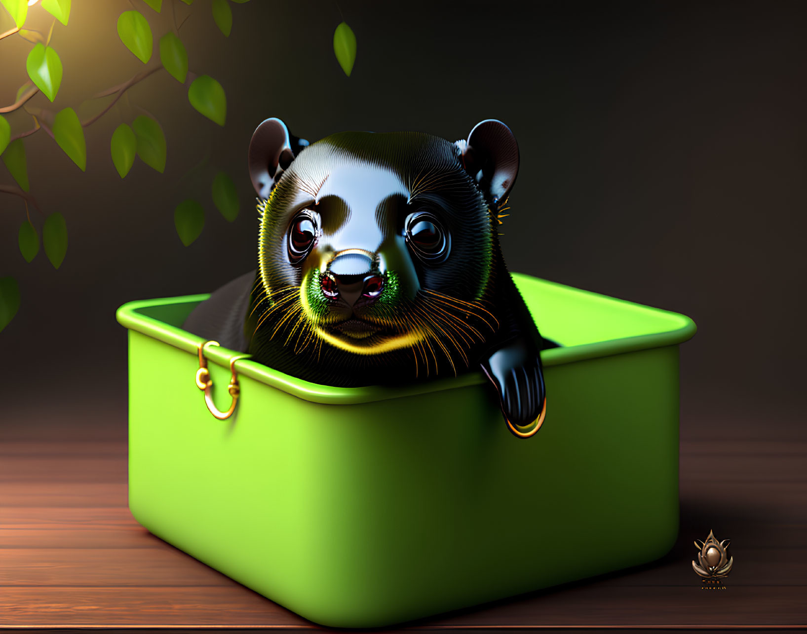 Stylized digital illustration of a glossy black ferret in a green tub on a wood-toned