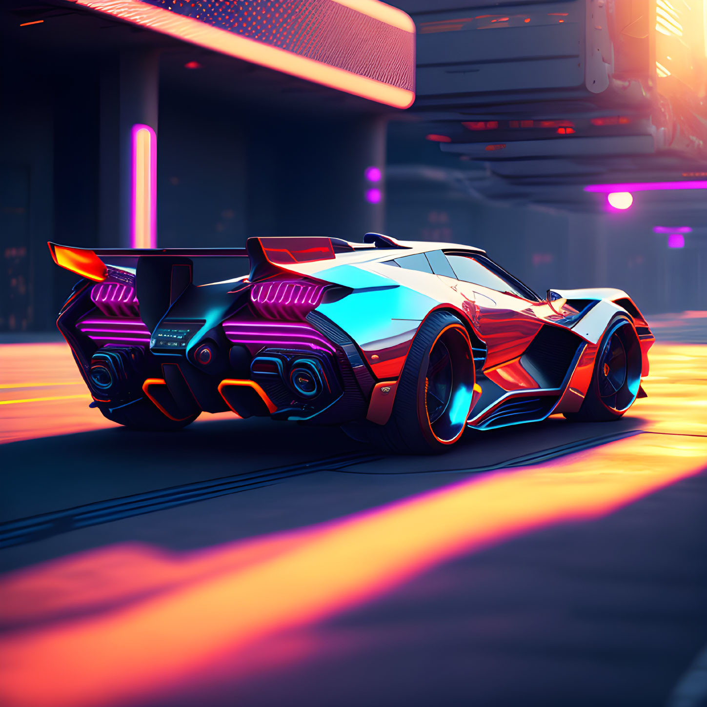 Futuristic car with neon accents on glowing city street