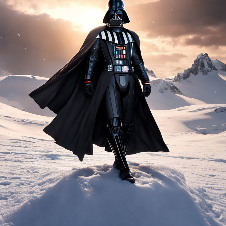 Majestic mountain backdrop with figure in black cape on snowy terrain