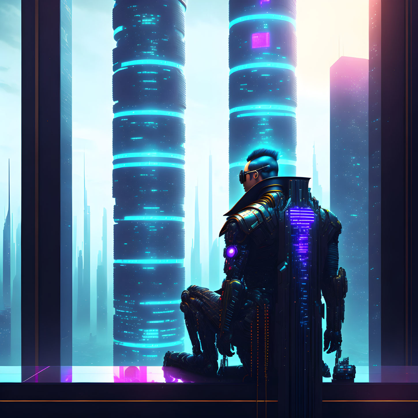 Futuristic cyberpunk scene with armored figure and glowing skyscrapers