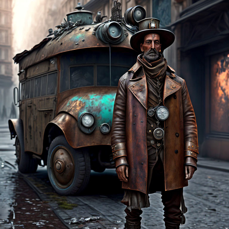 Steampunk-inspired man in top hat and goggles by old-fashioned bus on foggy street