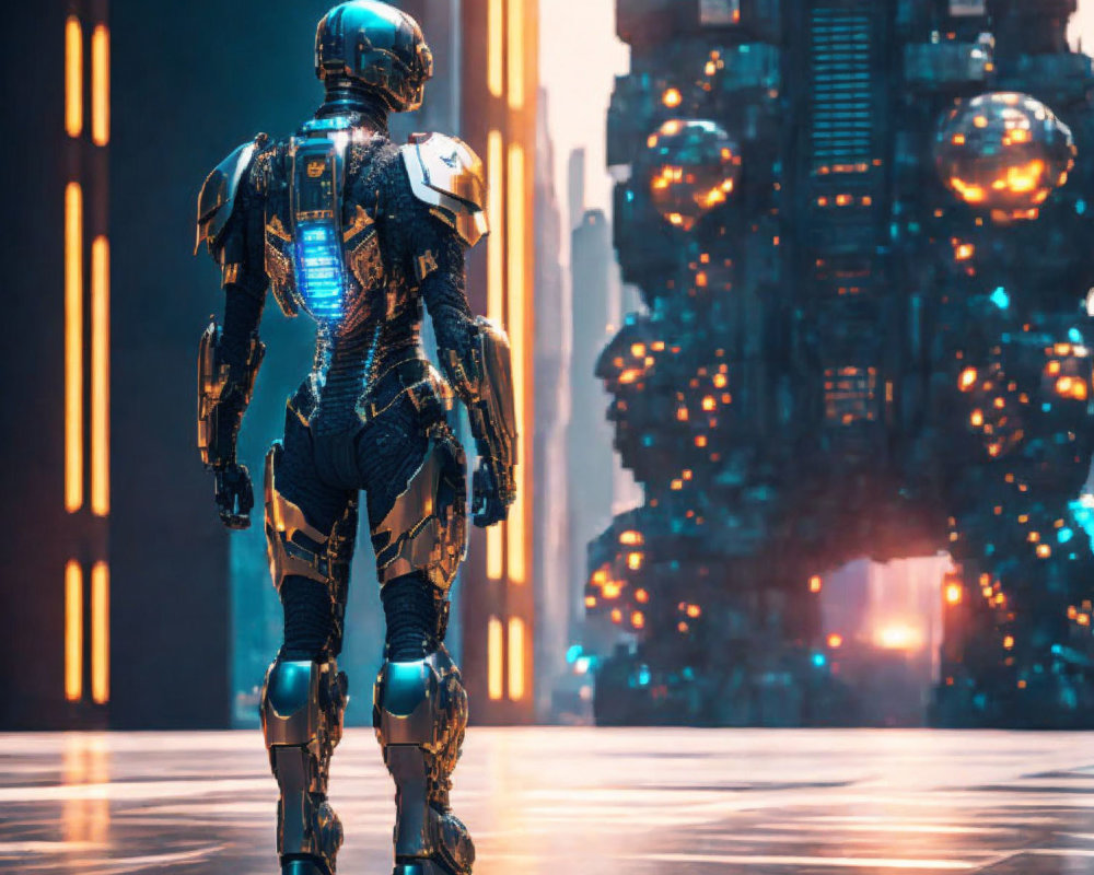 Futuristic robot in sleek armor in neon-lit cityscape