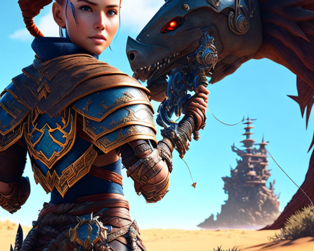 Red-haired warrior in blue armor with mechanical horse in desert landscape