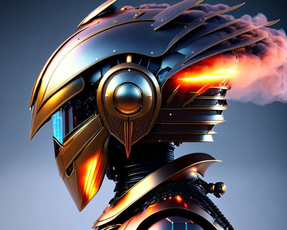 Futuristic metallic warrior helmet with red accents on blue background