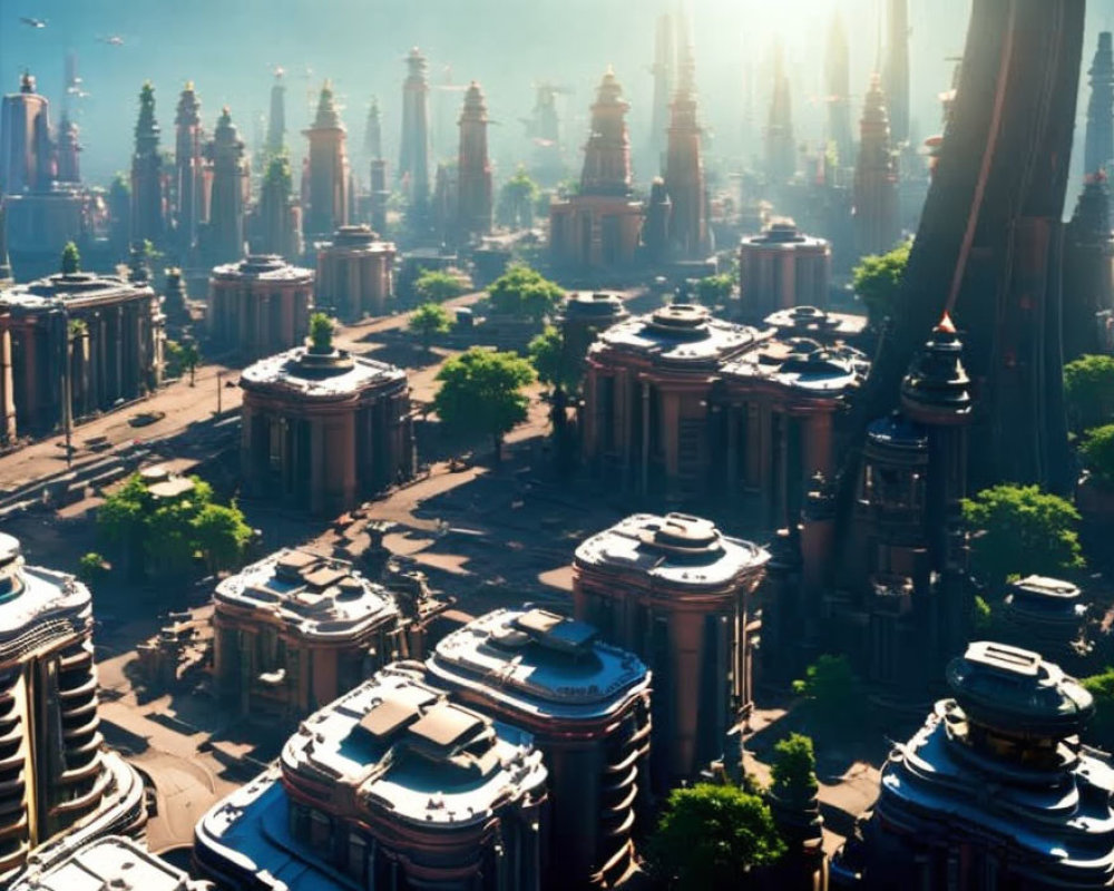 Futuristic cityscape with towering skyscrapers and advanced architecture