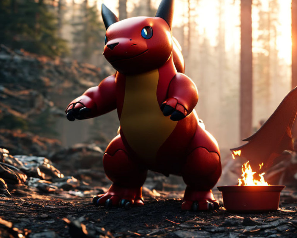 CGI Charmander Pokémon in forest at sunset with fire