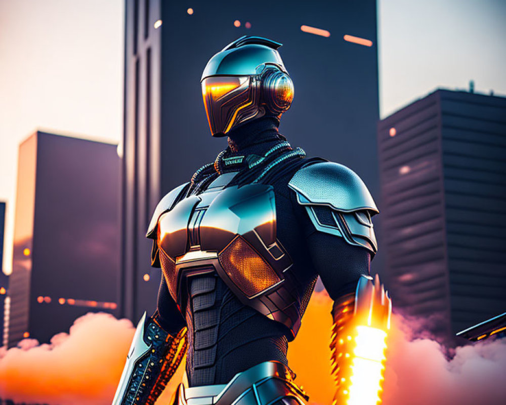 Armored character in futuristic setting with neon accents and urban skyline at dusk