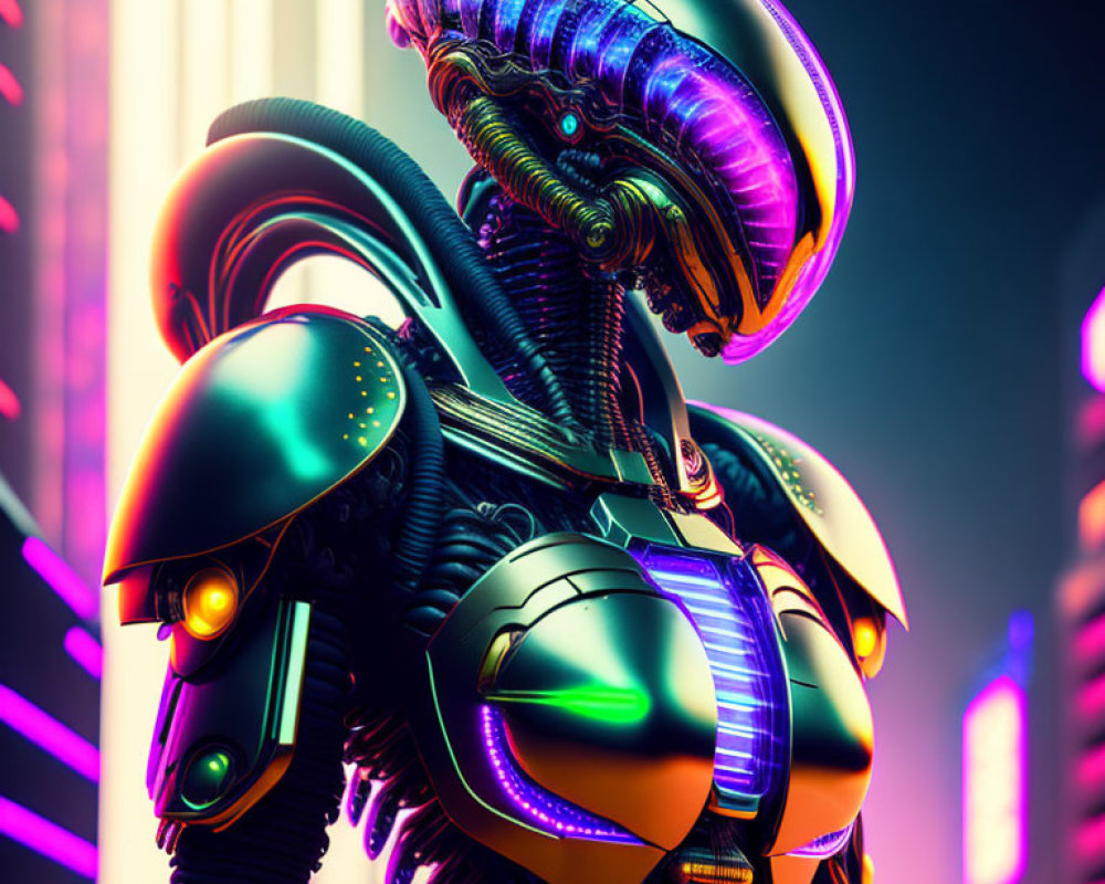 Futuristic alien illustration with glowing eyes and biomechanical armor