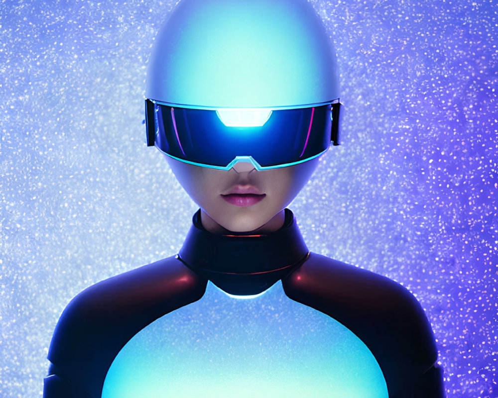 Futuristic person with glowing helmet in starry background