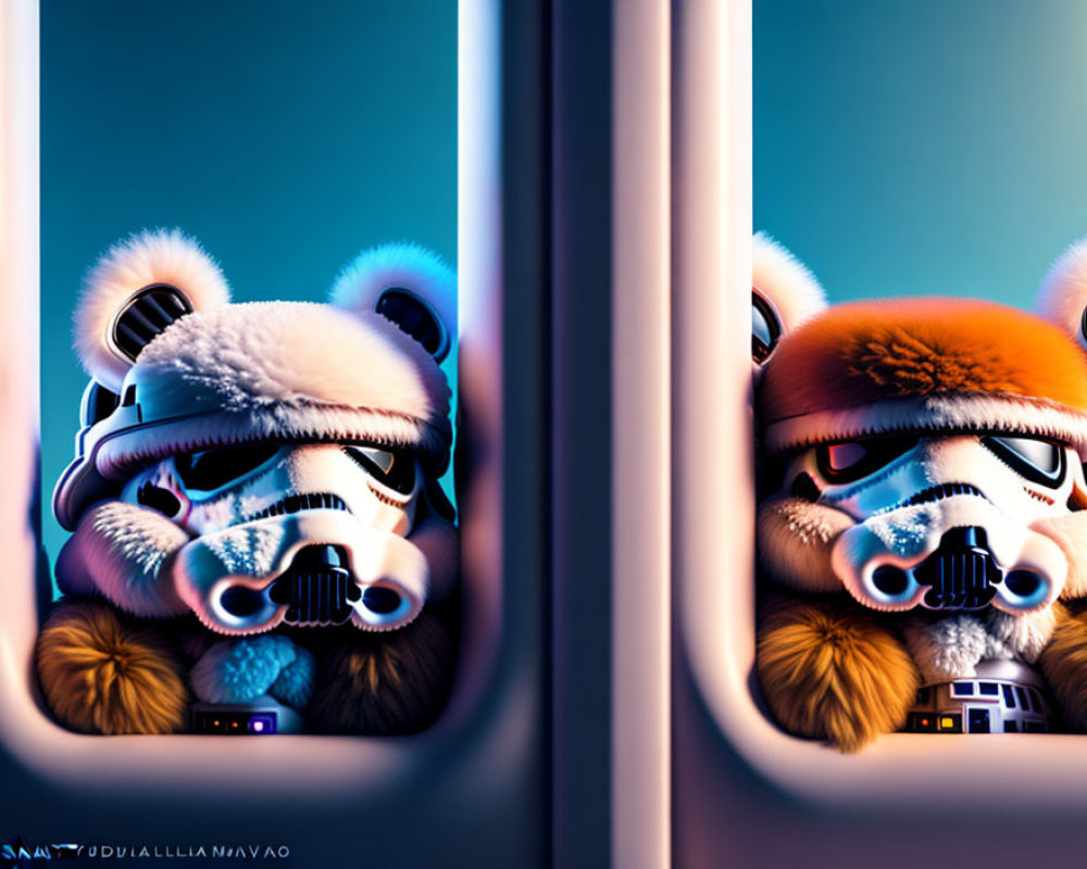 Two helmeted panda-like characters in blue and orange peeking through hatch